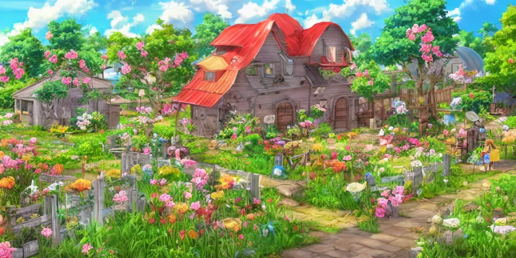 Prompt: a beautiful fantasy farm, anime style, cheerful and peaceful mood