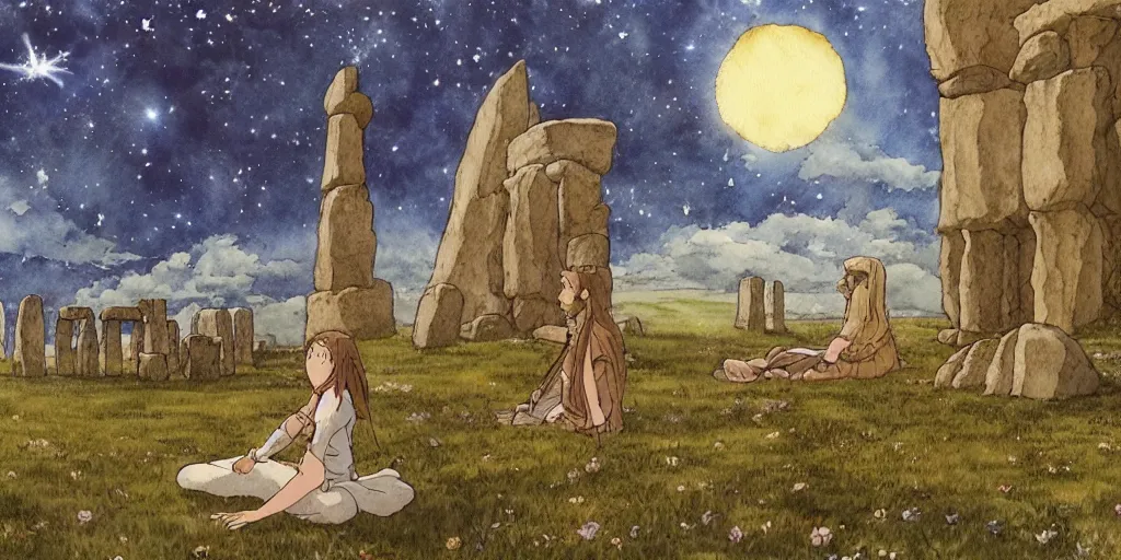 Image similar to a hyperrealist studio ghibli watercolor fantasy concept art of a giant long haired medieval monk in lotus position in stonehenge with a starry sky in the background. a giant ufo from independence day ( 1 9 9 6 ) is floating in the air. by rebecca guay, michael kaluta, charles vess