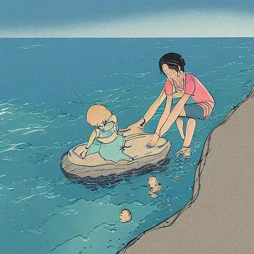 Prompt: “detailed illustration or mother and child playing next to the ocean, Miyazaki arty style”