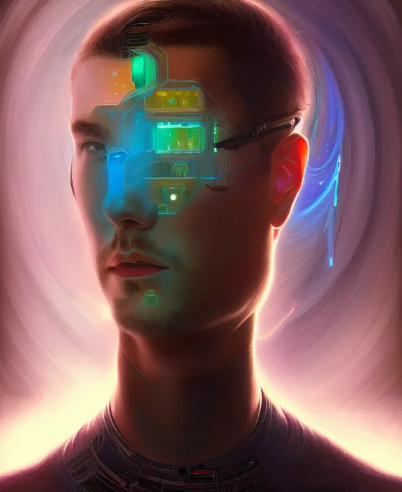 Image similar to a whirlwind inside the metaverse, guy, male, man, hologram, half body, neurochip, android, cyborg, cyberpunk face, by loish, d & d, fantasy, intricate, elegant, highly detailed, colorful, digital painting, artstation, concept art, art by artgerm and greg rutkowski and alphonse mucha