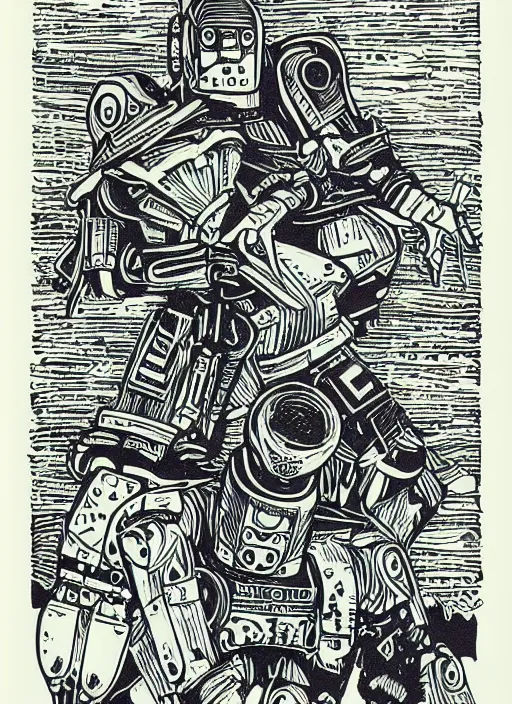 Image similar to !dream warrior robots by Julie de Graag, linocut print