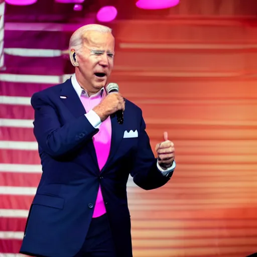 Image similar to photo of joe biden wearing a pink outfit singing into a microphone on a stage at a live concert, exciting, 8 k, very detailed,