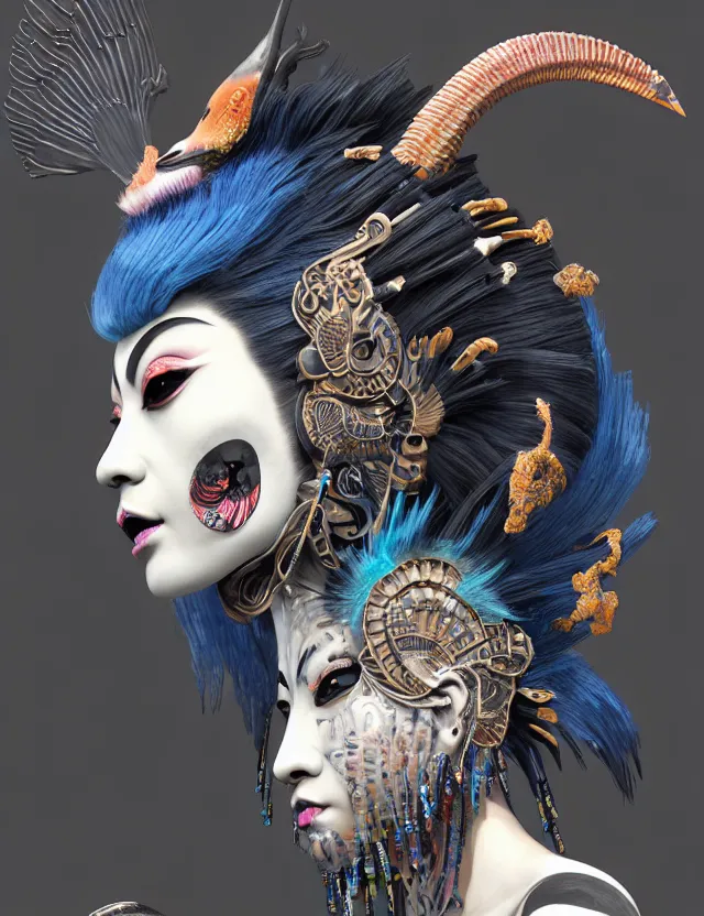 Image similar to 3 d goddess close - up profile portrait punk with mohawk with ram skull. beautiful intricately detailed japanese crow kitsune mask and clasical japanese kimono. betta fish, jellyfish phoenix, bio luminescent, plasma, ice, water, wind, creature, artwork by tooth wu and wlop and beeple and greg rutkowski