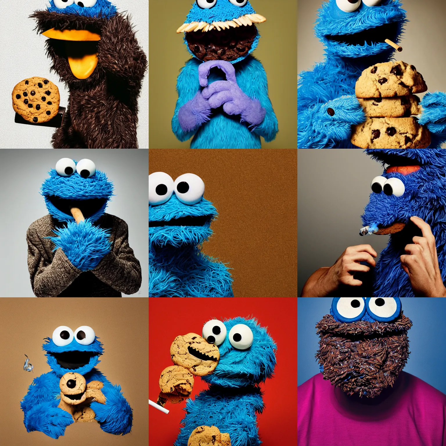 Prompt: cookie monster smoking a blunt stylised jonathan zawada photography portrait