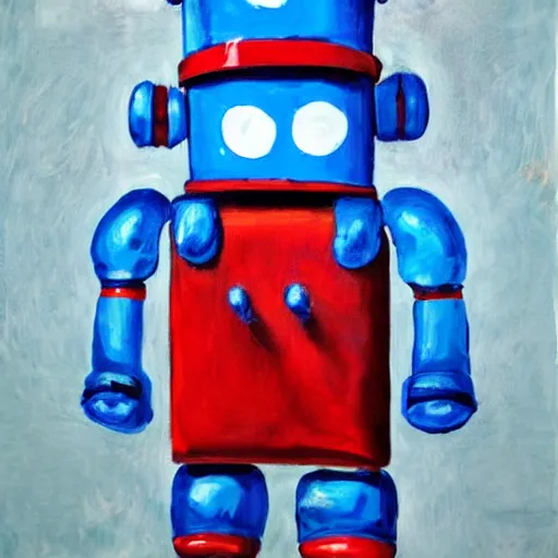 Image similar to Cute blue robot with moustache and red french beret. He is holding a paint brush. photorealism