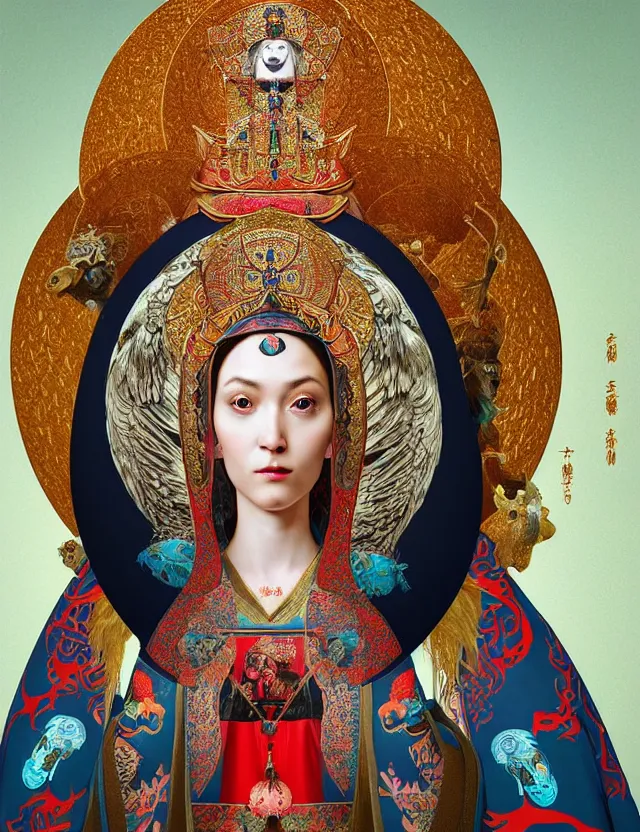 Image similar to 3 d goddess close - up profile portrait russian orthodox icon with ram skull. beautiful intricately detailed japanese crow kitsune mask and clasical japanese kimono. betta fish, jellyfish phoenix, bio luminescent, plasma, ice, water, wind, creature, artwork by tooth wu and wlop and beeple and greg rutkowski