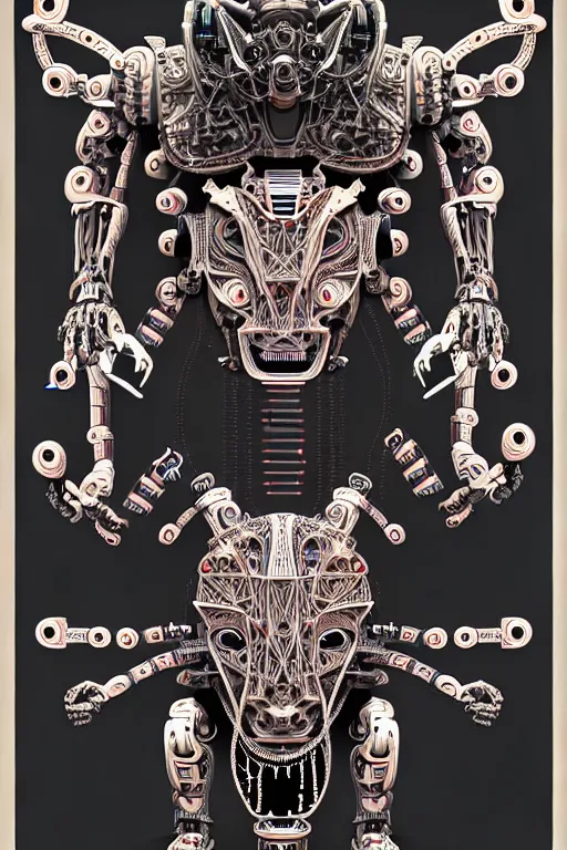 Image similar to a centered uncut fullbody frontview portrait of a robotic minotaur headed biomechanical creature by clogtwo and subjekt zero feat paul lewin and ø - cult. intricate detailed sharp clean textured very ornated. indian style tapestry design. hd. 4 k. lowbrow color palette