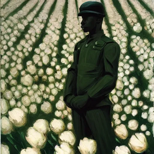 Image similar to black futuristic soldier on a land of white flowers by Edward Hopper