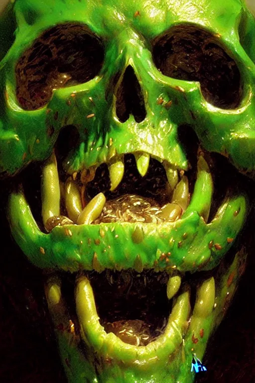 Prompt: close up of the face of a glowing green skull eating beans and laughing extremely high detail portrait dnd, painting by gaston bussiere, craig mullins, greg rutkowski, yoji shinkawa