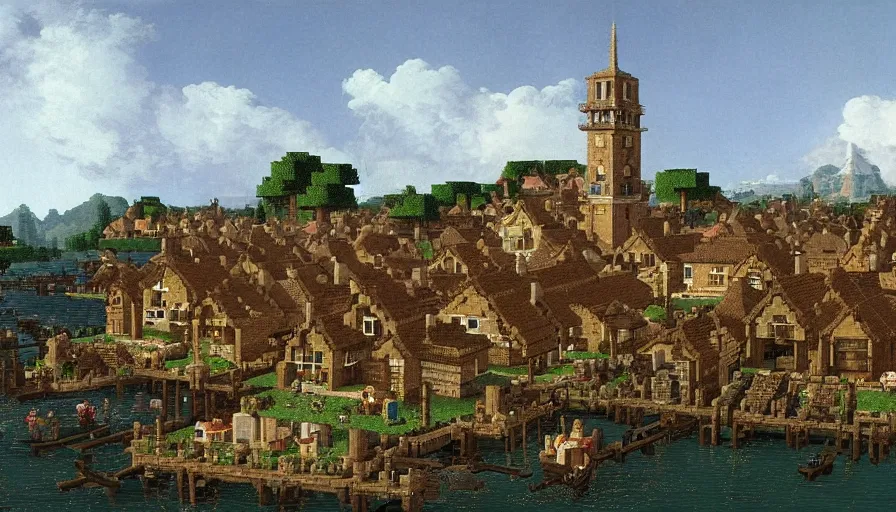 Prompt: a minecraft village, by canaletto