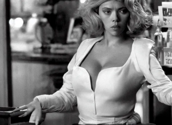 Image similar to movie still of scarlett johannson with a very big bust in goodfellas, directed by martin scorsese