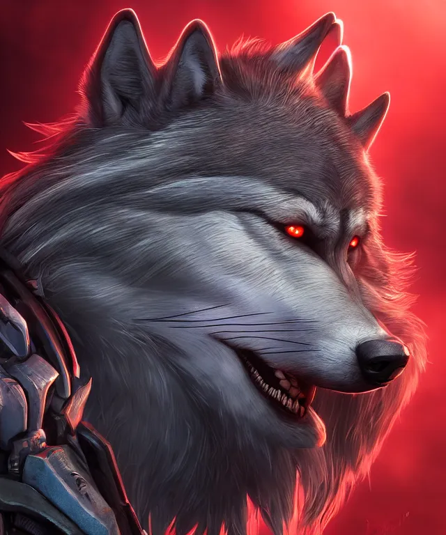 Image similar to portrait headshot of a male anthropomorphic dark gray wolf, long red hair, blue eyes, in a futuristic city, hyper detailed, digital art, trending in artstation, cinematic lighting, studio quality, smooth render, unreal engine 5 rendered, octane rendered, art style by pixar dreamworks warner bros disney riot games and overwatch.