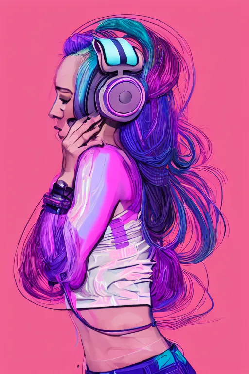 Prompt: a award winning half body portrait of a beautiful woman with stunning eyes in a croptop and cargo pants with ombre purple pink teal hairstyle dancing while listening to music with headphones on her ears by thomas danthony, surrounded by whirling illuminated lines, outrun, vaporware, shaded flat illustration, digital art, trending on artstation, highly detailed, fine detail, intricate