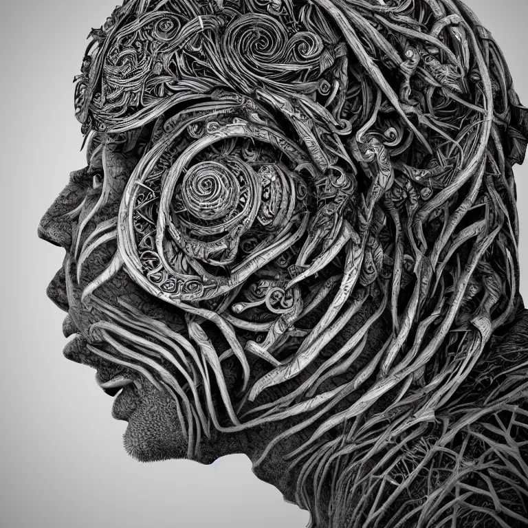 Prompt: surreal spinal ribbed tribal exotic organic face portrait of a beautiful cult member wearing occult, beautiful detailed intricate insanely detailed BW 3D render digital art, octane render, 8K artistic photography, photorealistic