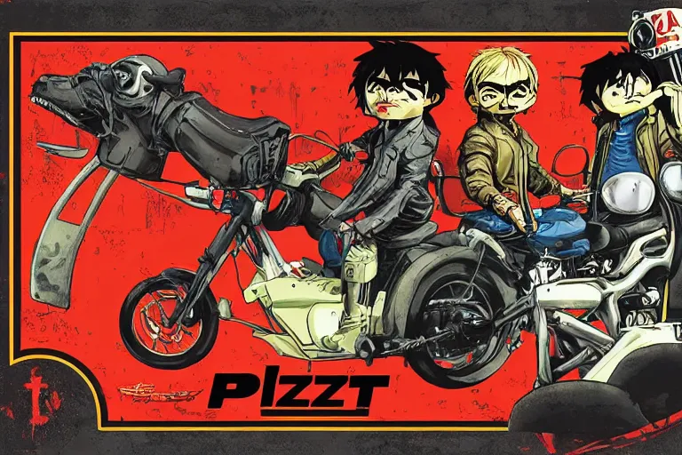 Image similar to pizza the hut, akira's motorcycle, gorillaz, poster, high quality