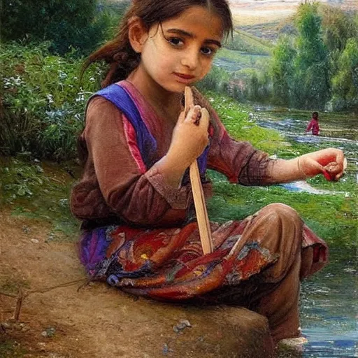 Prompt: beautiful painting by sophie anderson of a beautiful young kurdish girl painting by a river in a kurdish village, she is painting the river, award winning art, insanely detailed