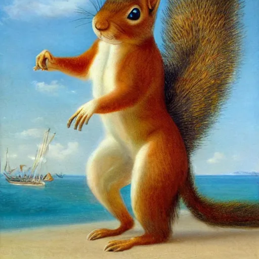 Image similar to a giant squirrel carrying napoleon!!! on its back, beach scene with flowers and foliage, detailed oil painting