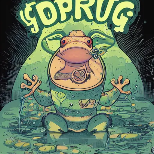 Prompt: frog drinking with crazy bunny with steam coming out from ears, by josan gonzales and Dan Mumford