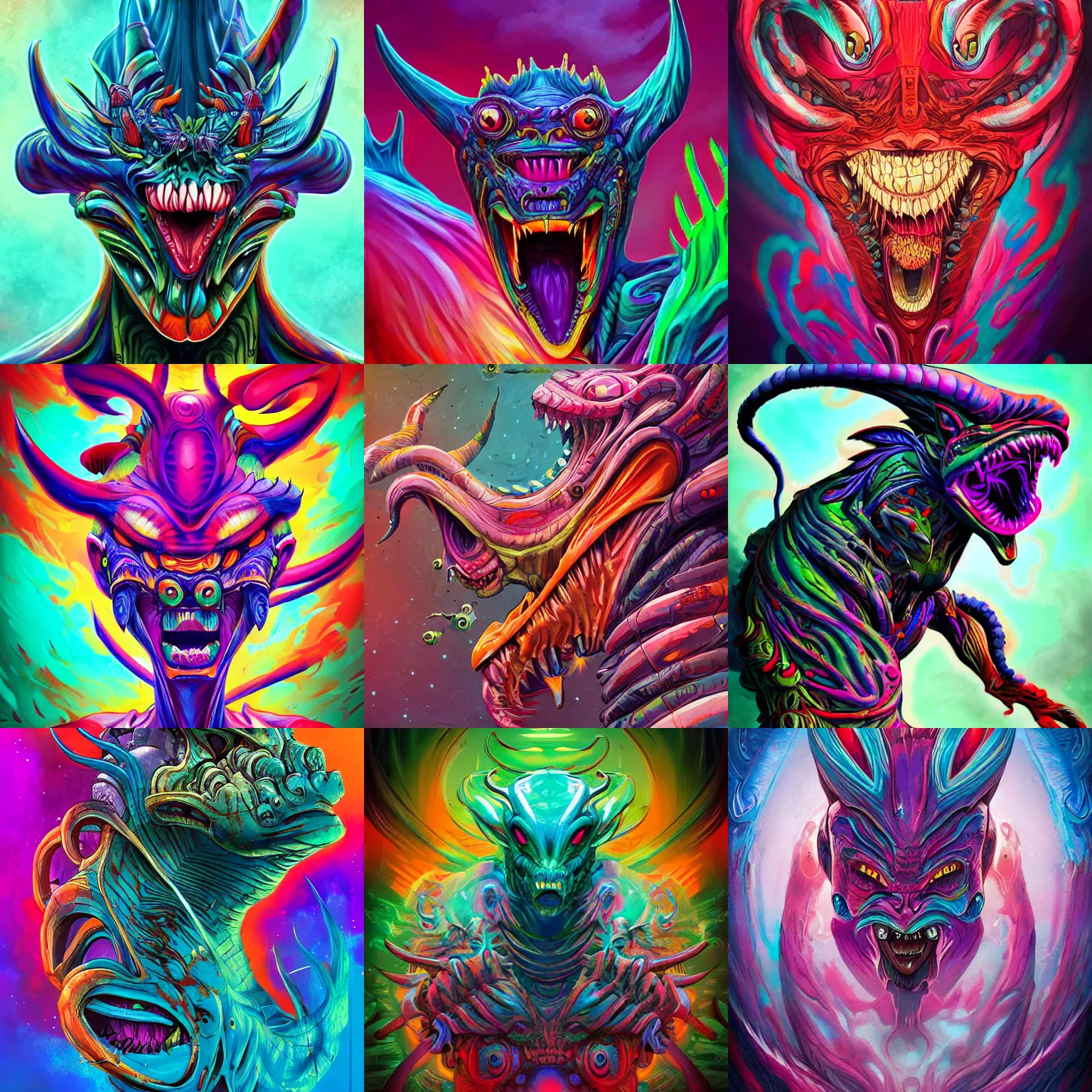 Prompt: grotesque large alien, hyperbeast design, multi colour, vibrant colors, veins, smooth art, digital art, deviantart, artstation, artgerm, studio ghibli