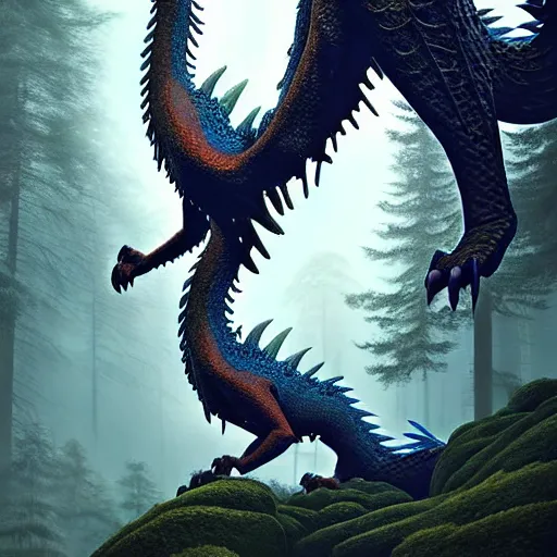 Image similar to ( ( ( ( ( dragon ) ) ) ) pokemon ) creature creature creature creature in a alaskan forest, : : by michal karcz, daniel merriam, victo ngai and guillermo del toro : : ornate, dynamic, particulate, intricate, elegant, highly detailed, centered, artstation, smooth, sharp focus, octane render, 3 d