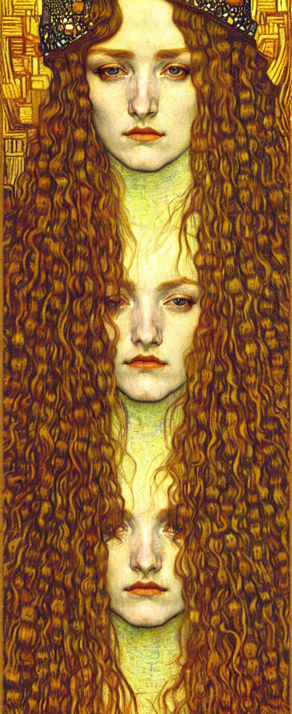 Image similar to detailed realistic beautiful young medieval queen face portrait by jean delville, gustav klimt and vincent van gogh, art nouveau, symbolist, visionary, gothic, pre - raphaelite, muted earthy colors, desaturated