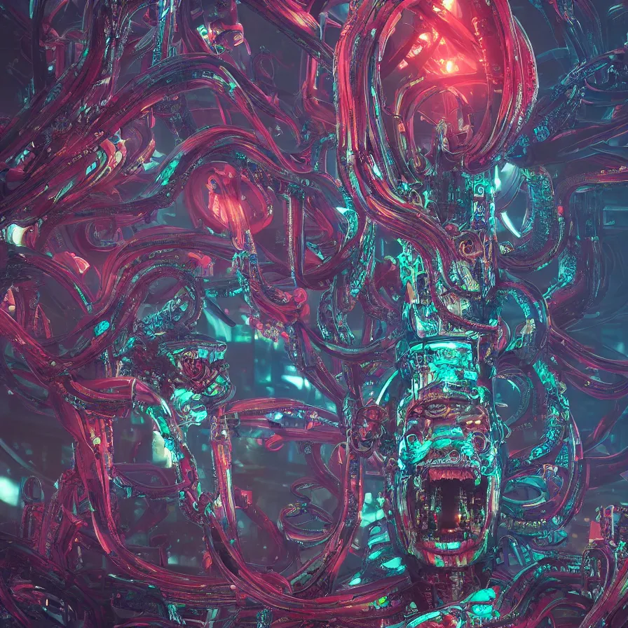 Image similar to portrait of a squid monster. intricate abstract. cyberpunk, vhs glitch. intricate artwork. by Tooth Wu, wlop, beeple, dan mumford. octane render, trending on artstation, greg rutkowski very coherent symmetrical artwork. cinematic, hyper realism, high detail, octane render, 8k