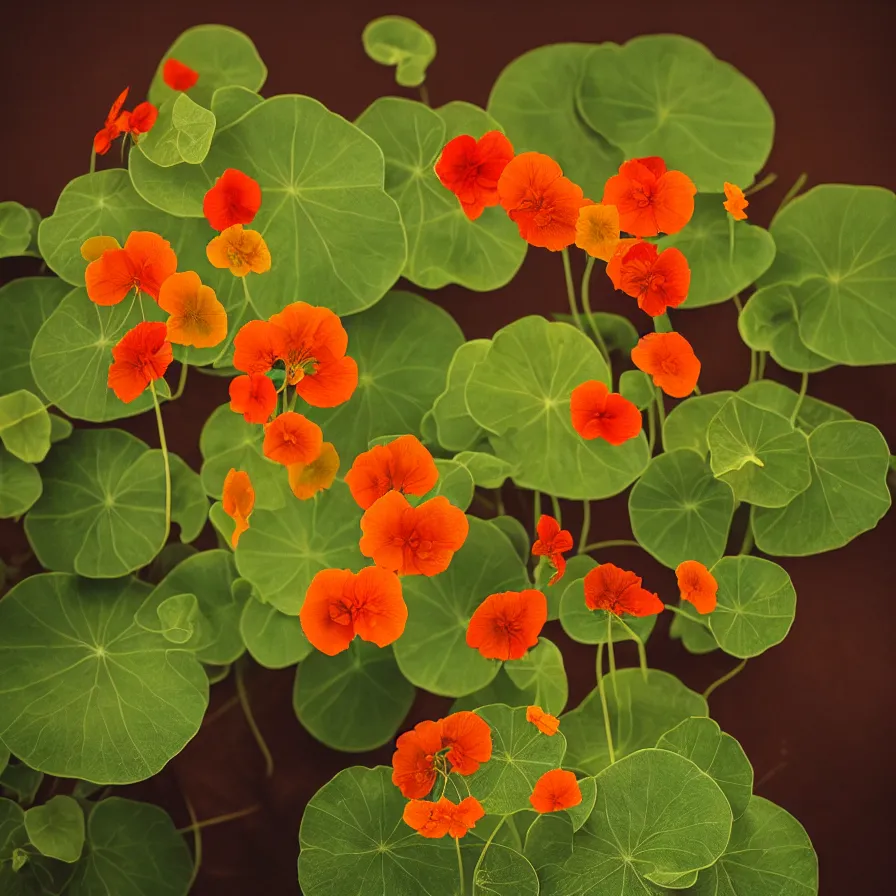 Image similar to a 5 5 mm photo portrait of a nasturtium plant still life, cinematic lighting, sharp focus, photography of the year