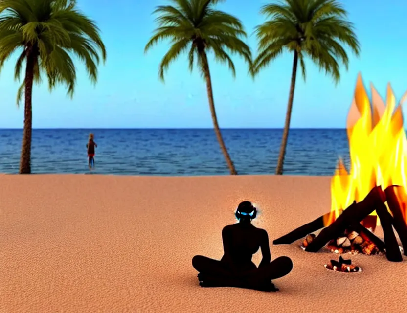 Prompt: gandhi at the beach sitting on the sand next to a campfire with palm trees in the back, 3 d render, official art, promotional art,