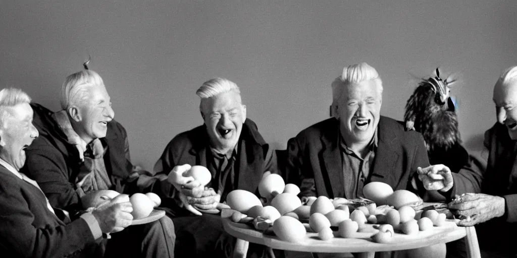 Image similar to film still of old men laughing!!!! sitting at a round table holding eggs and chickens in their hands, directed by david lynch, backlighting