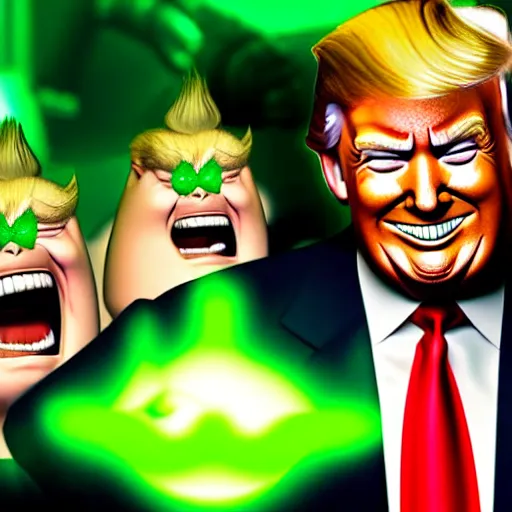 Image similar to trump smiling whilst holding a bunch of green chaos emeralds, highly detailed, realistic, beautiful composition, sharp focus, artstation, sharp focus