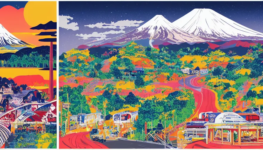 Image similar to award winning graphic design poster, cutouts constructing an contemporary art depicting a lone mount fuji and hills, rural splendor, and bullet train, isolated on white, and bountiful crafts, local foods, edgy and eccentric mixed media painting by Leslie David and Lisa Frank for juxtapose magazine