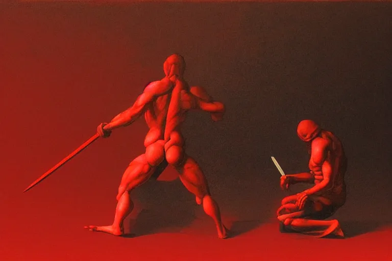 Image similar to only with red, a red samurai do seppuku, tokio, a lot of frogs watch, in the style of beksinski, parts by edward hopper, parts by rodcenko, parts by yue minjun, intricate and epic composition, red by caravaggio, insanely quality, highly detailed, masterpiece, red light, artstation, 4 k