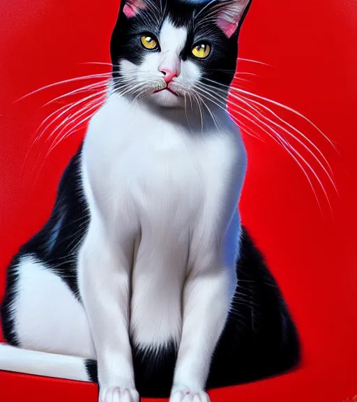 Prompt: full body red and white cat, art deco, ultra detail, photoreal, bright colors, professionally retouched, wide angle, black background, 8 k high definition, insanely detailed, intricate, elegant, art by artgerm and wlop