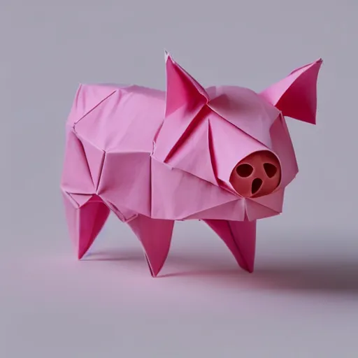 Image similar to origami pig in pink paper, 3 d render, ultra detailed, on white background, studio shot