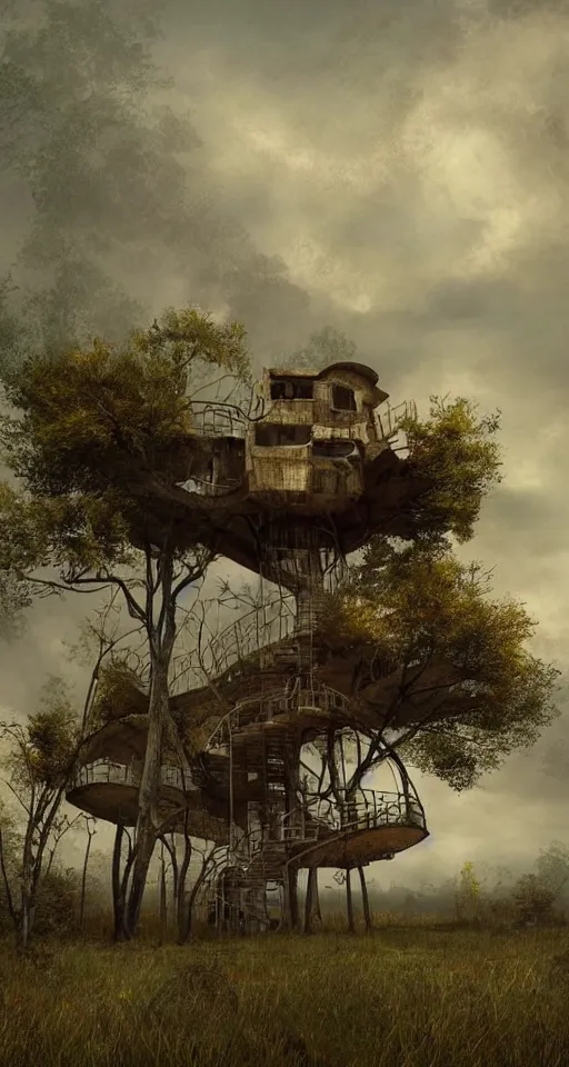 Prompt: tree - house on a rusty broken building constructions of a giant spiral upside - down staircase for multiple cases, leading to the sky, the ruins, in the steppe, summer field, misty background, from the game pathologic 2, highly detailed, sharp focus, matte painting, by isaac levitan and asher brown durand,