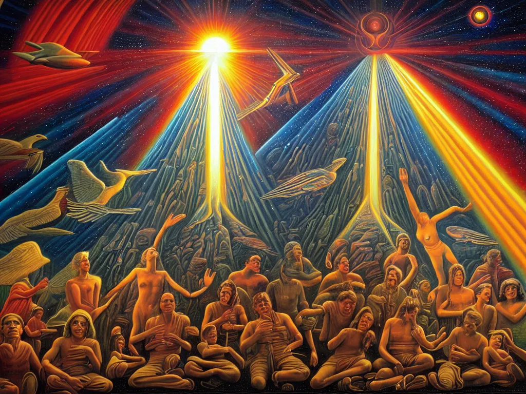 Prompt: a beautiful future of divine human spiritual evolution, by david a. hardy, wpa, public works mural, socialist