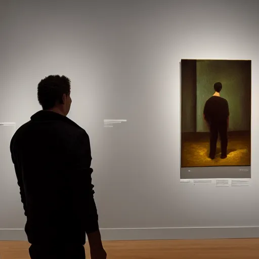 Prompt: A man staring at a painting of himself staring back. Modern art gallery. Wide angle. Photorealistic. Dramatic lighting. Award winning photography. 35mm photograph.