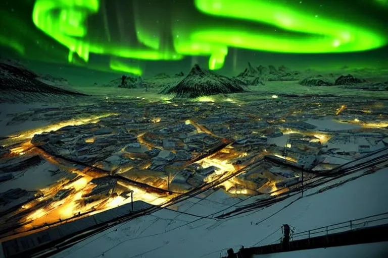 Prompt: favela winding cybernetic thrill ride, snowy arctic environment, industrial factory, bright, aurora borealis, award winning art, epic dreamlike fantasy landscape, ultra realistic,