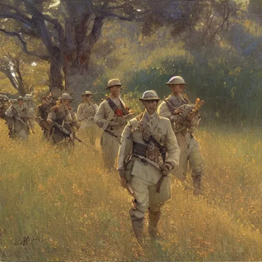 Image similar to detailed wide shot of soldiers marching in the field, spring light, painting by gaston bussiere, craig mullins, j. c. leyendecker