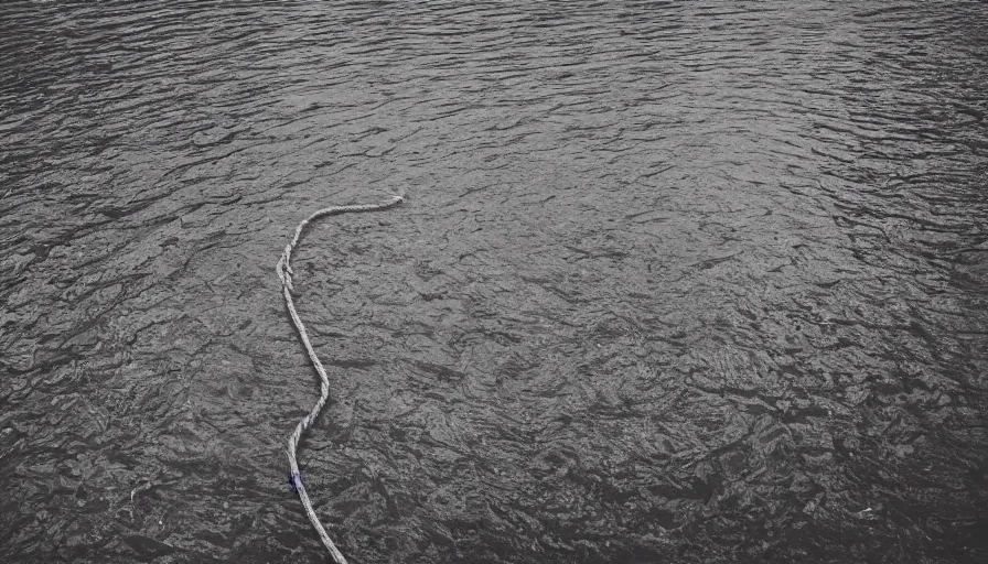 Image similar to rope floating to surface of water in the middle of the lake, overcast lake, 2 4 mm leica anamorphic lens, moody scene, stunning composition, hyper detailed