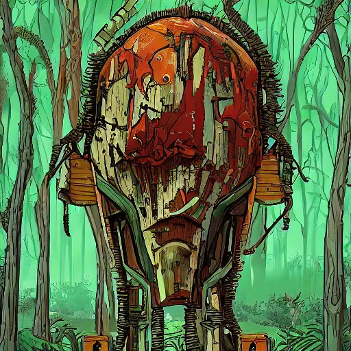 Prompt: in the style of ghostshrimp and laurie greasley a giant decaying robot head in an enchanting and lush forest that has been turned into a quaint house, highly detailed, 8k wallpaper