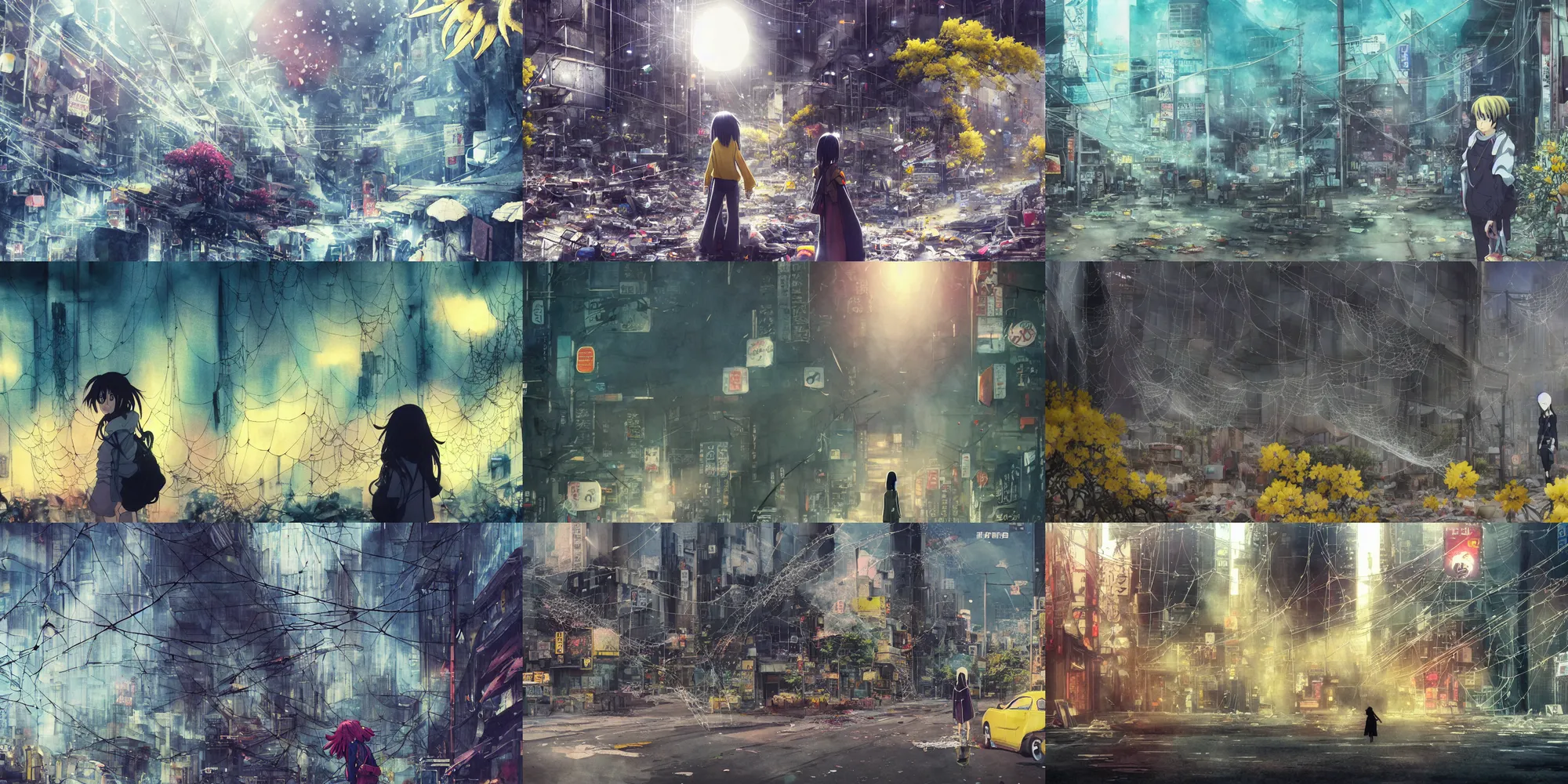 Prompt: anime movie scene, mamoru oshii, otomo, ultra wide, dust cloud, vanishing point, hoody woman explorer, watercolor, empty, spiderwebs, trash, coral reef, daffodils, glowing red billboards, sun beam, dusty volumetric bloom lighting, rim light, paper texture, deserted shinjuku junk town, wires, telephone pole, yellow, red