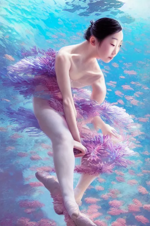 Image similar to stunningly beautiful, asian prima ballerina at the bottom of the great barrier reef, smooth, focus, highly detailed, hyper realistic, dramatic lighting, intricate, concept art, art by wlop, mars ravelo