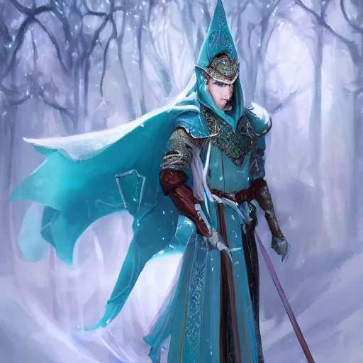 Image similar to handsome male snow elf in a turquoise cape and silver ornate armour as an archer, albino skin, pale pointed ears, ethereal opalescent mist, winter vibes, perfect face, elegant, very coherent symmetrical artwork, by wenjun lin, krenz cushart, charlie bowater, trending on artstation