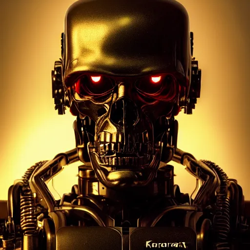 Image similar to portrait of T-800 Endoskeleton, future war, man vs machine, atmospheric lighting, painted, intricate, golden hour, ultra detailed by Leesha Hannigan, Ross Tran, Thierry Doizon, Kai Carpenter,Ignacio Fernández Ríos