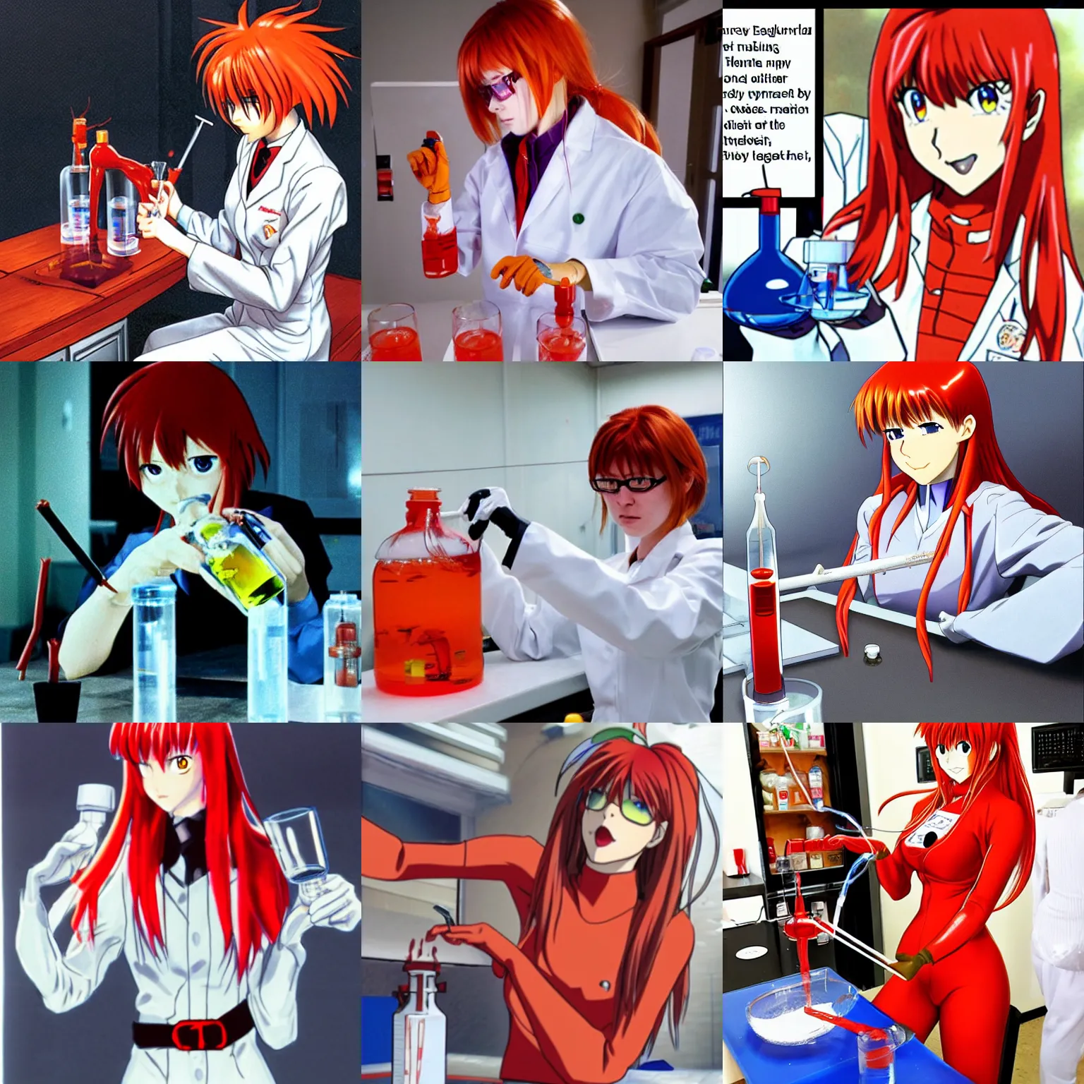 Prompt: asuka langley soryu from evangelion, doing chemical experiment