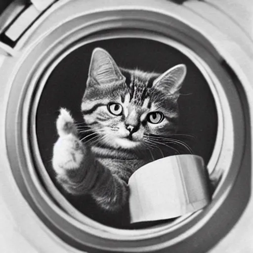 Image similar to astronaut cat on board the sputnik 2, holding a cute cat in his paws, earth can be seen from the round space window, realistic, photo, detailed