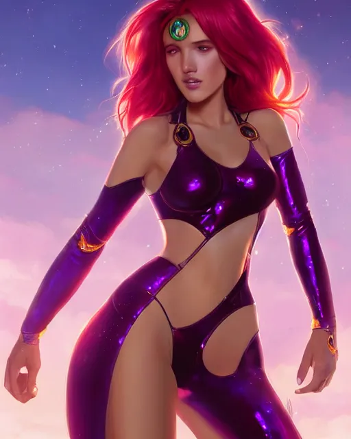 Image similar to ultra realistic photograph, bella thorne as starfire anime, shiny plastic bikini, intricate, elegant, highly detailed, digital painting, artstation, concept art, smooth, sharp focus, illustration, art by artgerm and greg rutkowski and alphonse mucha and wlop