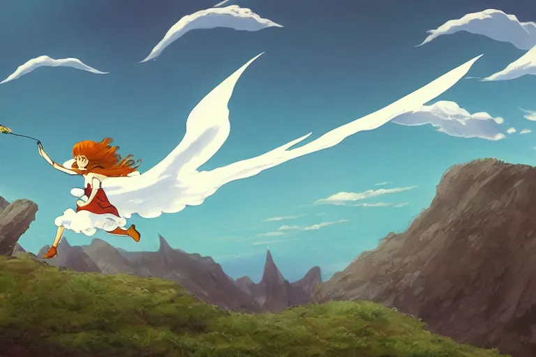 Image similar to A cell animation of girl flying with a bird-shaped white glider over the clowds, Nausicaa of the Valley of the Wind, Miyazaki Hayao, ghibli style, illustration, anime, trending on artstaion