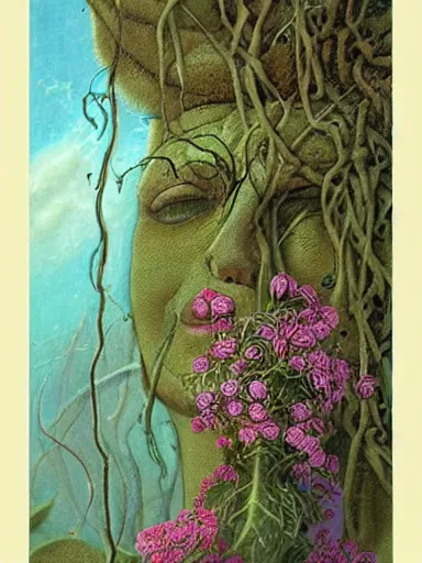 Image similar to The Hanging-Gardens of Pareidolia, lobelia, ivy, verbena and pothos growing facial features and optical-illusions, aesthetic!!!!!!!!!!, by Gerald Brom in the style of Johfra Bosschart in the style of,